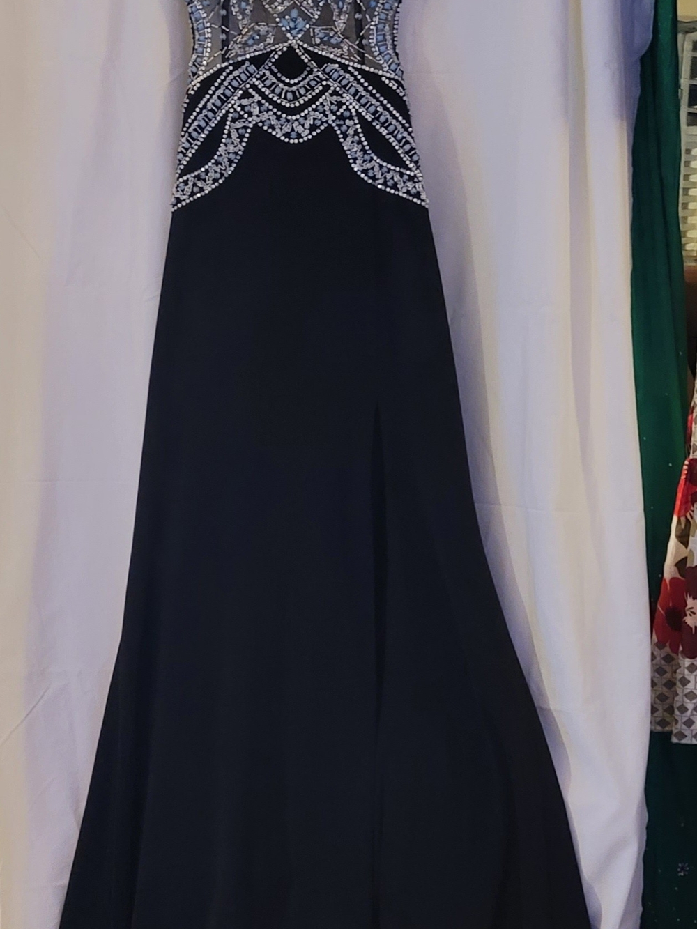 DR2 Black Evening Gown with Silver And Blue Beaded Bodice